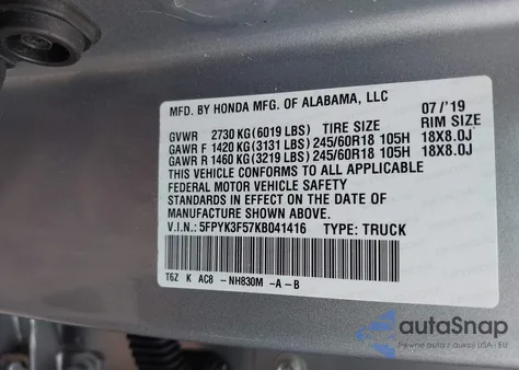 2019 Honda Ridgeline Rtl z USA, uszkodzony, nr VIN 5FPYK3F57KB041416